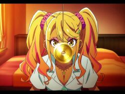  ai_art ai_voice angry animated blonde_hair bra cleavage dazed earrings eyeshadow hellsing002_(generator) lipstick makeup necklace pendulum pink_hair scrunchie tan_skin twintails video 