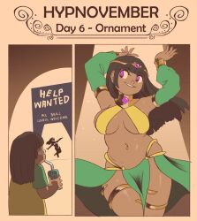 black_hair bracelet collar dancer dancing dark_skin english_text female_only femsub headband hypnotic_accessory hypnovember jewelry navel navel_piercing original pstash purple_eyes smile text