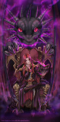 absurdres aura black_skin book boots cape chair claws clothed corruption crossed_legs dragon dragon_boy eeveetachi english_text evil_smile facial_markings fire_emblem fire_emblem_genealogy_of_the_holy_war hand_on_head happy_trance horns julius_(fire_emblem) long_hair looking_at_viewer loptous_(fire_emblem) magic male_only maledom malesub nintendo possession red_eyes red_hair scales sitting slit_pupils smile text very_long_hair