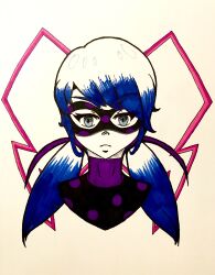  absurdres alternate_costume alternate_hairstyle alternianbutterfly black_hair blue_eyes corruption hair_ribbon marinette_dupain-cheng mask miraculous_ladybug ribbon simple_background super_hero traditional twintails 