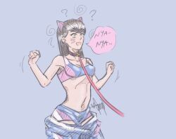 bra cat_ears collar confused d.va female_only femsub gmun hair_ornament happy_trance leash open_mouth overwatch pet_play solo speech_bubble spiral text underwear undressing