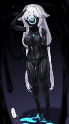 bangs bodysuit breasts drone faceless futanari futasub latex long_hair mastersprouts penis personality_excretion rubber saluting speech_bubble standing standing_at_attention symbiote tight_clothing twintails unusual_cum very_long_hair white_hair