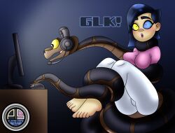 barefoot blue_hair bondage coils computer eyebrows_visible_through_hair feet femsub glitch_techs gulp headphones humor kaa kaa_eyes lipstick maledom mayumi_kubota_(glitch_techs) ordeper_arts pants shirt short_hair signature sitting snake text the_jungle_book
