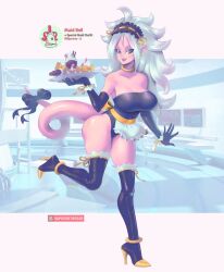  alternate_form android_21 bimbofication breasts collar dragon_ball dragon_ball_fighterz earrings female_only femsub food gloves happy_trance high_heels jewelry large_breasts long_hair maid maid_headdress monster_girl open_mouth opera_gloves pink_skin smile supersatanson tail text thighhighs tray white_hair 