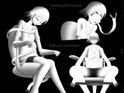 chair comic evil_smile female_only femsub insect insectophilia intorsus_volo monochrome oral original parasite possession shirt short_hair sleeping smile