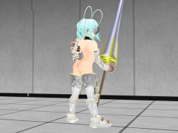  3d 3d_custom_girl ahoge armor ass bare_shoulders blue_hair bottomless clothed_exposure cyan_hair female_only femsub gloves mintis_(mintis_decotora) mintis_decotora opera_gloves short_hair solo standing thigh_boots thighhighs topless twintails weapon 