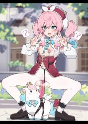    altered_common_sense androgynous_dom armpit_hair armpits bestiality blue_eyes blush breasts breasts_outside clothed_exposure dildo double_v femsub hat honkai_star_rail hyacine_(honkai_star_rail) legs little_ica_(honkai_star_rail) midriff nipple_piercing nipples no_bra no_panties open_mouth outdoors pale_skin pet_play pink_hair pubic_hair pussy ribbon shoes smile spiral_eyes spk3535 squatting sweat tights twintails unaware unicorn v vaginal 