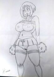  breasts cheerleader clothed_exposure dazed drool erect_nipples expressionless female_only femsub greyscale large_breasts midriff miniskirt monochrome my_hero_academia navel ochaco_uraraka open_clothes open_mouth pussy short_hair signature skirt solo thighhighs traditional xopxehp 