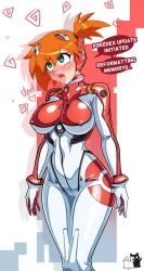  absurdres blush border dialogue drool empty_eyes english_text erect_nipples erect_nipples_under_clothes femsub gradient_background green_eyes large_breasts latex misty_(pokemon) nintendo nipples open_mouth orange_hair pokemon rosvo short_hair side_ponytail signature simple_background spiral tech_control text tight_clothing tongue tongue_out 