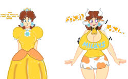 blue_eyes breast_expansion brown_hair cameltoe clothed collar color cow_girl cow_print cowbell earrings horns kobi94 manip pink_eyes princess_daisy super_mario_bros. text white_background white_skin