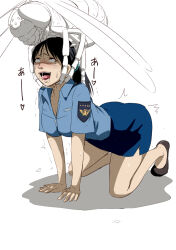 all_fours black_hair brain_injection breasts cleavage drool empty_eyes femsub insect large_breasts nightmare_fuel open_mouth police_uniform sweat tears text tongue tongue_out yoshitora