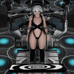  3d bare_shoulders blue_eyes boots dazed esccc headdress high_heels monitor navel nier_automata open_mouth restrained short_hair spiral standing tech_control white_hair wufan870203 yorha_no._2_type_b 