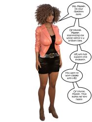  3d belt breasts brown_eyes brown_hair comic dialogue expressionless female_only femsub hexxet huge_breasts large_lips legs lucine_kalington original short_hair simple_background skirt solo standing standing_at_attention text 