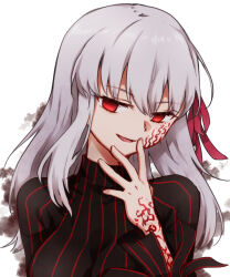  angra_mainyu aura body_markings clothed command_seal corruption dark_sakura empty_eyes eye_color_change fate/stay_night fate/stay_night_heaven's_feel fate_(series) femsub hair_color_change hair_ribbon long_hair nattumin12 possession red_eyes ribbon sakura_matou simple_background smile white_background white_hair 