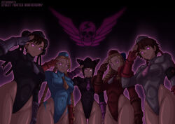  cammy_white chun-li corruption glowing_eyes juri_han karin_kanzuki leotard multiple_girls multiple_subs sakura_kasugano saluting shadaloo_dolls standing standing_at_attention street_fighter tagme victoriamikoto 