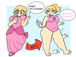  bbw before_and_after bimbofication blonde_hair blue_eyes chubby drool hypnotic_drink needleman nintendo princess_peach simple_background super_mario_bros. sweat swimsuit weight_gain 