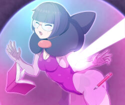 bangs bodysuit book closed_eyes clothed female_only femsub glasses hai_(h81908190) hair_ribbon hypnotic_beam leotard nintendo open_mouth pokemon pokemon_black_and_white shauntal short_hair solo straight-cut_bangs sweat tagme