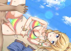  belt bikini blonde_hair blue_eyes blush bracelet breasts censored cleavage collarbone expressionless femsub huge_breasts jean_shorts jeans jewelry long_hair looking_at_viewer maledom necklace open_mouth papercraft8559 penis sex spread_legs sweat the_idolm@ster vaginal yui_ootsuki 