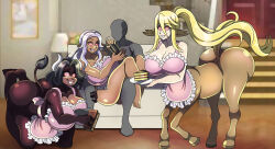 absurdres animal_ears anonymous_(character) apron bare_legs barefoot black_hair blonde_hair centaur centorea_shianus cleavage couch cow_girl dark_skin faceless_male femsub happy_trance hooves huge_ass huge_breasts kneeling kuroeda_(plus_sized_elf) light_skin long_hair mole monster_musume multiple_girls multiple_subs naked_apron non-human_feet original plus_sized_elf_(series) silver_hair sitting smile spiralwash_eyes very_long_hair zorro-zero