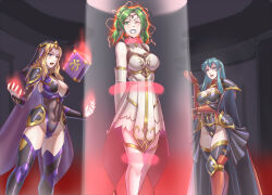 alternate_costume aura blonde_hair blue_eyes blue_hair bondage book breasts cape cleavage corruption eirika_(fire_emblem) evil_smile female_only femdom femsub fire_emblem fire_emblem_the_sacred_stones floating green_eyes green_hair happy_trance hypnotized_dom hypnotized_hypnotist l&#039;arachel_(fire_emblem) large_breasts leebigtree magic natasha_(fire_emblem) nintendo one_eye_open restrained smile thighhighs thighs