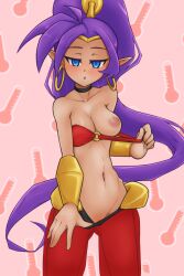  altered_perception bare_shoulders blue_eyes bracers breasts choker earrings elf_ears expressionless female_only femsub harem_outfit heavy_eyelids navel nipples open_clothes open_mouth ponytail purple_hair shantae shantae_(series) simple_background solo standing tagme thekinkyfinn undressing very_long_hair 