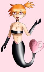  alternate_form breasts cleavage female_only femsub fish_girl gloves glowing glowing_eyes happy_trance heart hypnoloveball large_breasts latex mermaid misty navel nintendo open_mouth orange_hair pink_eyes pokemon pokemon_red_green_blue_and_yellow short_hair simple_background solo tied_hair 