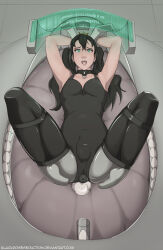 androgynous arms_above_head black_hair blackroseseduction bulge bunny_ears bunnysuit butt_plug collar crossdressing eggs green_eyes lying male_only malesub open_mouth original sex_toy tech_control twintails visor