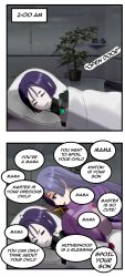  absurdres artist_request bed breasts closed_eyes clothed comic english_text fate/grand_order fate/samurai_remnant fate_(series) female_only femdom femsub gloves hard_translated hime_cut huge_breasts humor milf minamoto_no_raikou night pale_skin purple_eyes purple_hair self_hypnosis short_hair sleeping smile speech_bubble text unhappy_trance ushi_gozen very_long_hair 