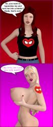 3d absurdres before_and_after bimbofication blonde_hair bottomless breasts comic dialogue female_only femsub large_breasts marvel_comics mary_jane_watson nude red_hair spiral_eyes super_hero symbol_in_eyes tattoo text theheckle topless