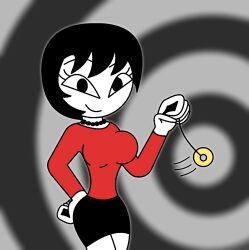  black_eyes black_hair clothed coin femdom hypnoscream jewelry jucika jucika_(series) necklace pendulum pov pov_sub short_hair simple_background skirt smile spiral_background t-shirt 