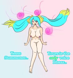 barefoot blue_hair bottomless breasts female_only femsub happy_trance large_breasts league_of_legends long_hair nude onemind open_mouth sona text topless twintails