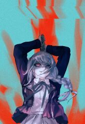 braid clothed evil_smile eye_color_change female_only femdom femsub g'ie g'ie_queen glowing_eyes heterochromia hundred_line jacket long_hair looking_at_viewer nonamesiamese nozomi_kirifuji ponytail possession purple_eyes red_eyes skirt smile tears the_hundred_line:_last_defense_academy unhappy_trance weapon white_hair