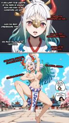 absurdres ai_art barefoot before_and_after belt bouncing_breasts dancing earrings fungip_(generator) horns humor kimono large_breasts loincloth navel nipples one_piece open_mouth orange_eyes pendulum singing smile spiral_eyes standing_at_attention text topless white_hair yamato_(one_piece)