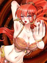  aliyah_(suechan) armpits bare_shoulders blush bra bracelet breasts cleavage dancer femdom genie gold harem_outfit hypnotic_dance hypnotic_eyes hypnotic_smoke jewelry large_breasts large_hips loincloth long_hair magic malesub midriff navel open_mouth original ponytail porniky red_eyes red_hair smile solo spiral_background spiral_eyes symbol_in_eyes tied_hair underwear watermark 