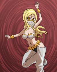  blonde_hair breasts cleavage clothed dancer dancing female_only femsub happy_trance harem_outfit jodie_(zorro-zero) looking_at_viewer midriff mythkaz navel original smile solo spiral_eyes veil 