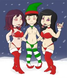 black_hair bow breasts brown_hair bulge christmas cleavage collar drool femsub gemna_(mezz+pokemongirl) happy_trance hat hypnotic_food large_breasts lipstick long_hair makeup malesub mr.h multicolored_hair nikki_(mr.h) open_mouth original smile spiral_eyes symbol_in_eyes thighhighs thong western