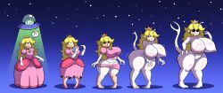  alien alien_girl antenna ass_expansion black_sclera blonde_hair breast_expansion breasts crown earrings female_only femsub huge_ass huge_breasts large_ass large_breasts nintendo nude panties princess_peach prinnydood pussy sequence super_mario_bros. tail thick_thighs transformation ufo 
