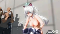 3d animal_ears antenna ass blue_eyes breasts brown_hair business_suit collar comic cosplay dialogue fake_animal_ears femsub glasses gloves hitori hypnotic_accessory original panties remote_control standing tech_control text thighhighs unaware underwear undressing undressing_command white_hair