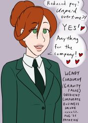  brain_drain business_suit corporatification corruption dialogue disney empty_eyes femsub forced_employee freckles gravity_falls green_eyes hair_buns happy_trance heart long_hair maledom memetic_control office_lady red_hair ruined_life smile spiral spiral_eyes suit symbol_in_eyes text wendy_corduroy xxxx52 