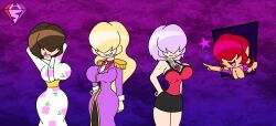  alternate_costume alternate_hairstyle arms_above_head black_cat_(manga) blonde_hair breasts brown_hair cleavage clothed crossover earrings female_only femdom femsub gradient_background hair_covering_both_eyes hand_on_hip harem hypnoscream kimono king_of_fighters large_breasts leaning_forward multiple_girls multiple_subs open_mouth pink_hair red_hair rinslet_walker saya_minatsuki sephiria_arks shermie_(kof) skirt tongue tongue_out twinning 