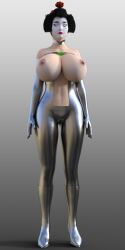 3d asahina_(theheckle) breasts breasts_outside female_only fembot femsub geisha graybot high_heels large_breasts open_clothes original robot robotization solo standing standing_at_attention tech_control theheckle whitewash_eyes