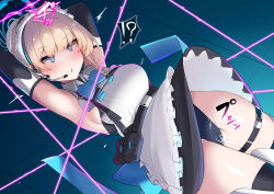  armpits arms_above_head beam belt blonde_hair blue_eyes blush bow_tie confused corruption crossed_eyes female_only femsub gloves headphones high_heels japanese_text kutan maid maid_headdress open_mouth opera_gloves skirt skirt_lift solo tech_control thighhighs tied_hair trembling underwear 