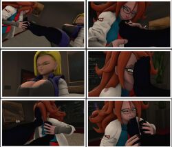  3d android_18 android_21 bed bedroom blonde_hair blue_eyes breasts brown_hair comic dragon_ball dragon_ball_fighterz dragon_ball_z drool feet femdom femsub foot_focus happy_trance lab_coat leggings massage source_filmmaker spiral spiral_eyes tongue whateverdude19 