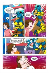 alien_girl angry blue_skin brown_eyes cleavage closed_eyes comic dialogue dress fangs femsub green_hair horns large_breasts long_hair lum midriff mother_and_daughter multicolored_hair oni_girl original princess story text urusei_yatsura wadevezecha