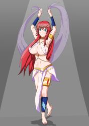 absurdres arms_above_head bare_shoulders barefoot blue_eyes breasts cleavage dancer dancing empty_eyes femsub happy_trance harem_outfit high_school_dxd large_breasts midriff red_hair rias_gremory soex