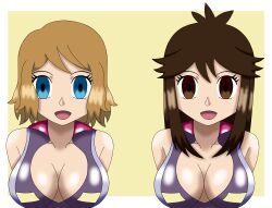  blonde_hair blue_eyes brown_eyes brown_hair calnero clothed empty_eyes female_only femsub large_breasts leaf_(pokemon) long_hair nintendo pokemon pokemon_(anime) pokemon_firered_and_leafgreen pokemon_x_and_y serena short_hair 