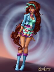 aisha_(winx_club) boots breasts brown_hair curly_hair dark_skin earrings expressionless female_only femsub glowing glowing_eyes jewelry knee-high_boots large_breasts long_hair mezzberry open_mouth shrunken_irises solo very_long_hair western winx_club