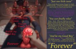 ai_art anaslex_(generator) black_hair caption demon demon_futa demon_girl dress futadom futanari gloves horns long_tongue manip meruccubus_(merunyaa) mind_break original pov pov_sub precum red_skin resisting succubus text