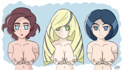  blue_hair bottomless breasts empty_eyes expressionless female_only femsub grace_(pokemon) holding_breasts johanna looking_at_viewer lusamine milf nintendo nude pokemon pokemon_diamond_pearl_and_platinum pokemon_sun_and_moon pokemon_x_and_y topless zayah 