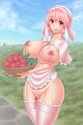  absurdres altered_common_sense ass breasts cleavage collarbone empty_eyes erect_nipples female_only femsub haikawa happy_trance huge_breasts navel open_mouth original pink_eyes pink_hair short_hair smile solo thighhighs unaware 